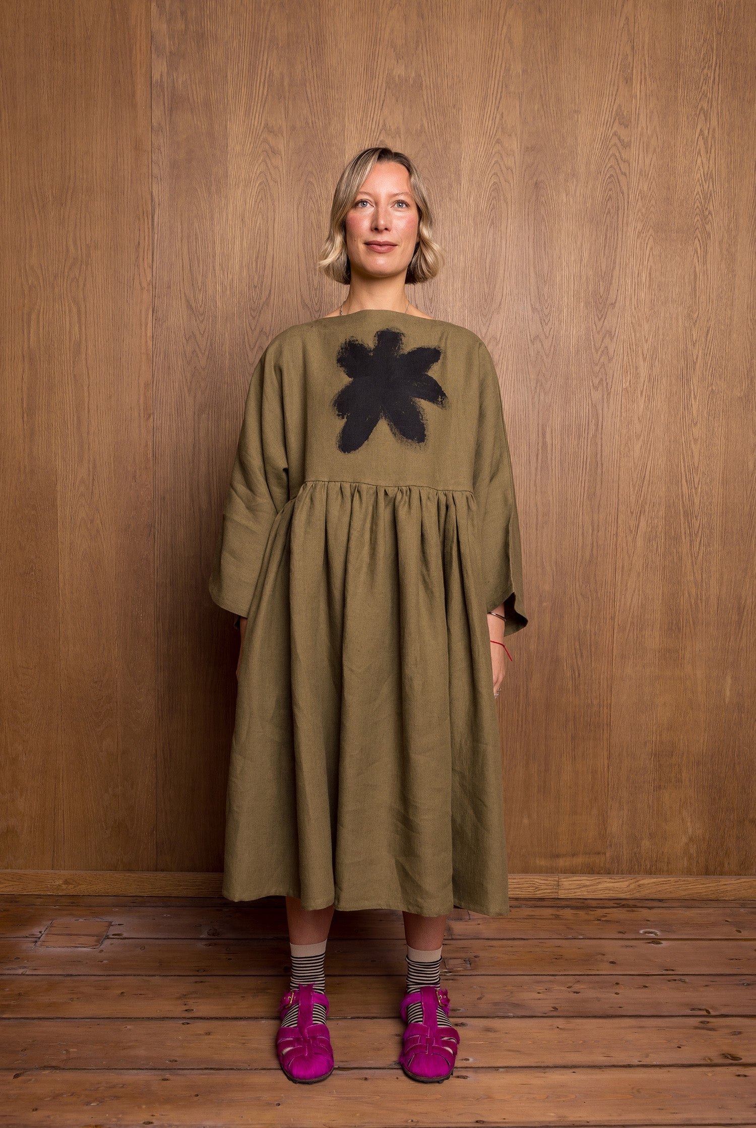 Painted Kozo Dress in Khaki Linen
