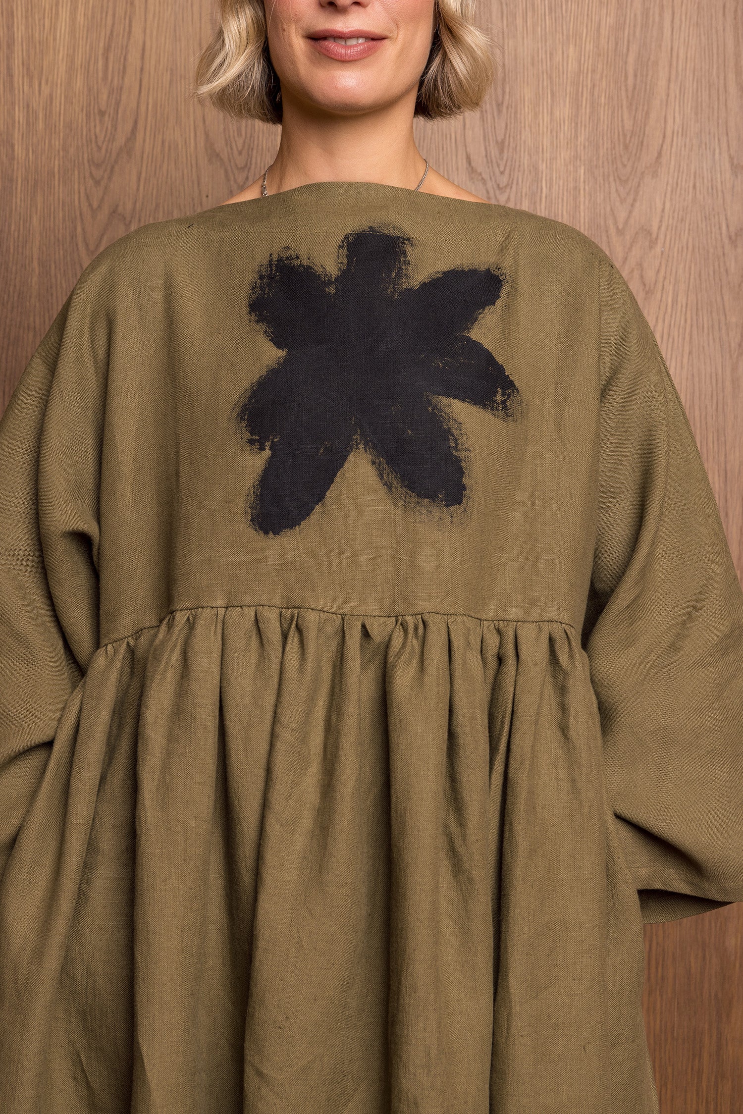 Painted Kozo Dress in Khaki Linen