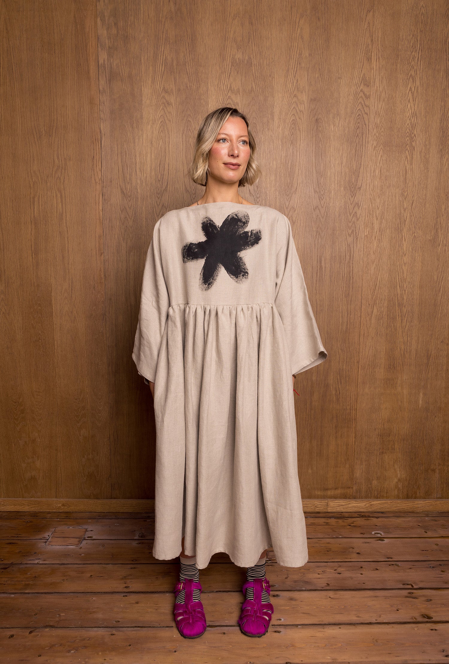 Painted Kozo Dress in Stone Linen