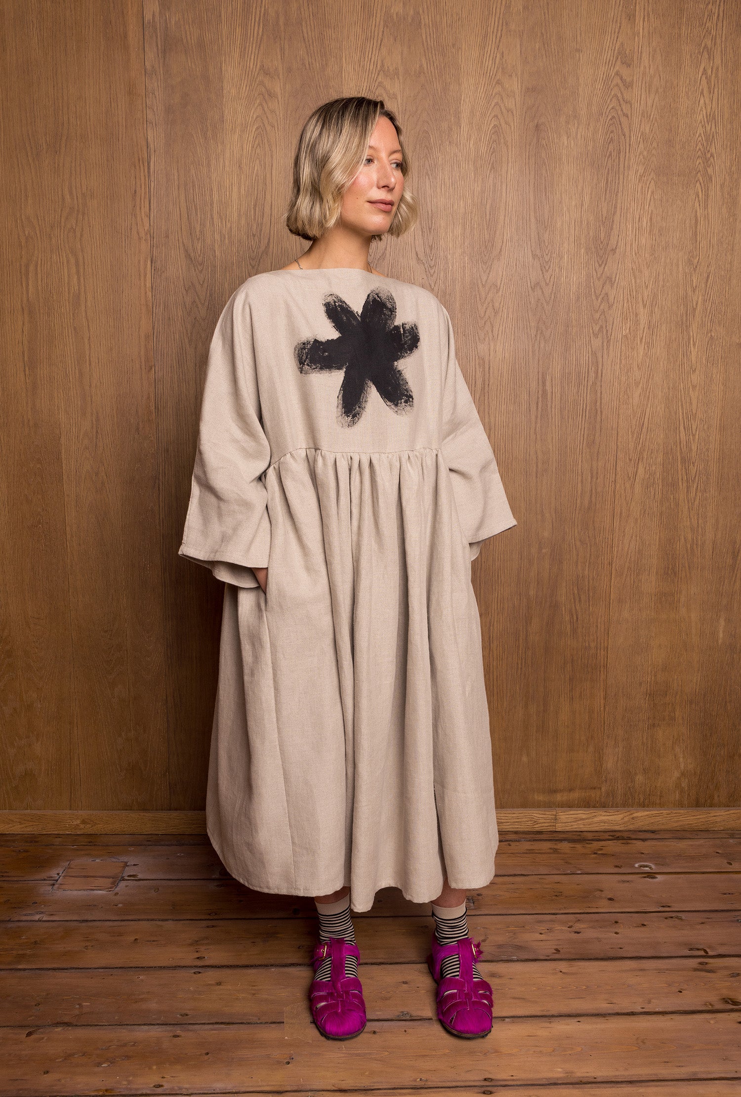 Painted Kozo Dress in Stone Linen