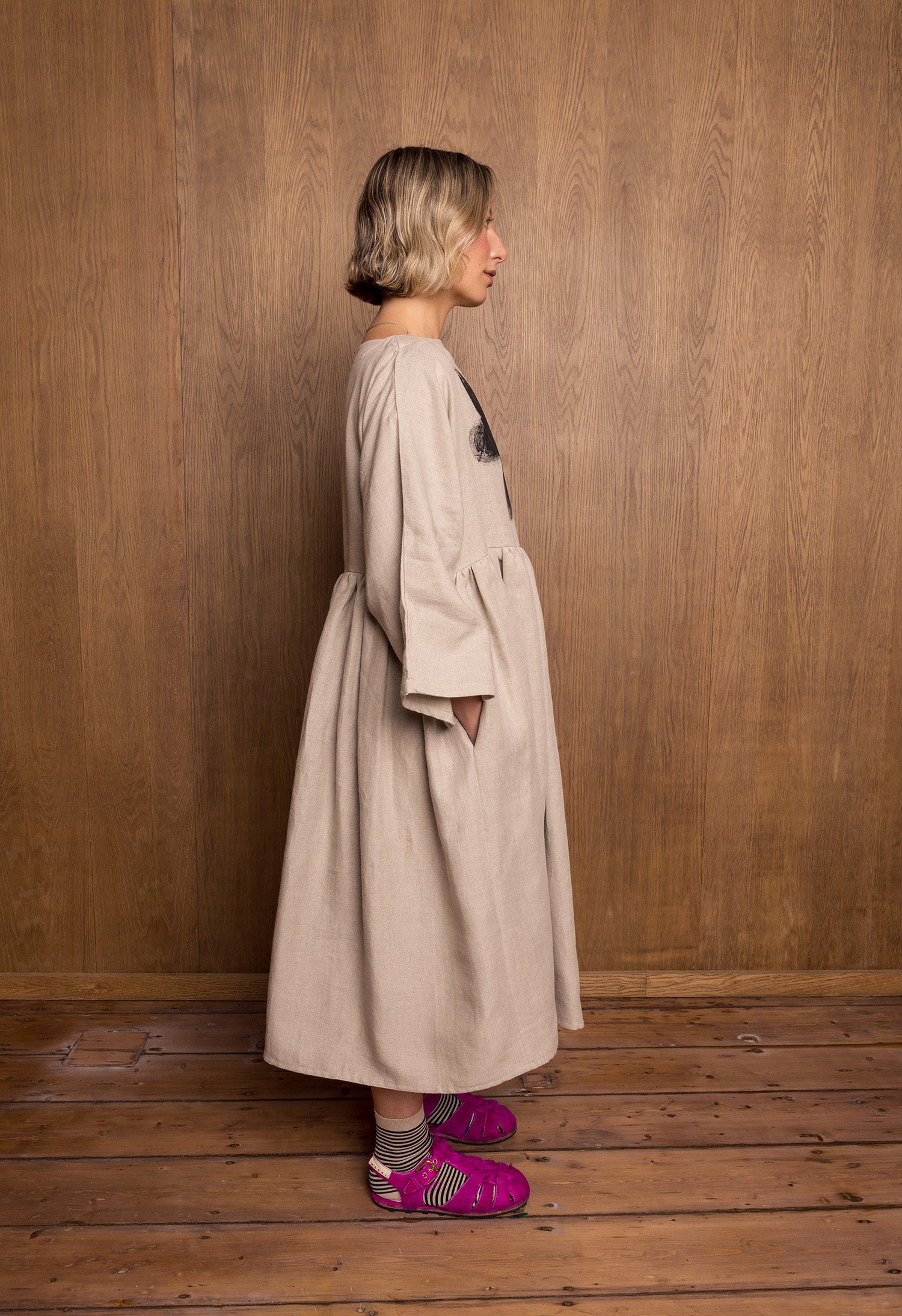 Painted Kozo Dress in Stone Linen