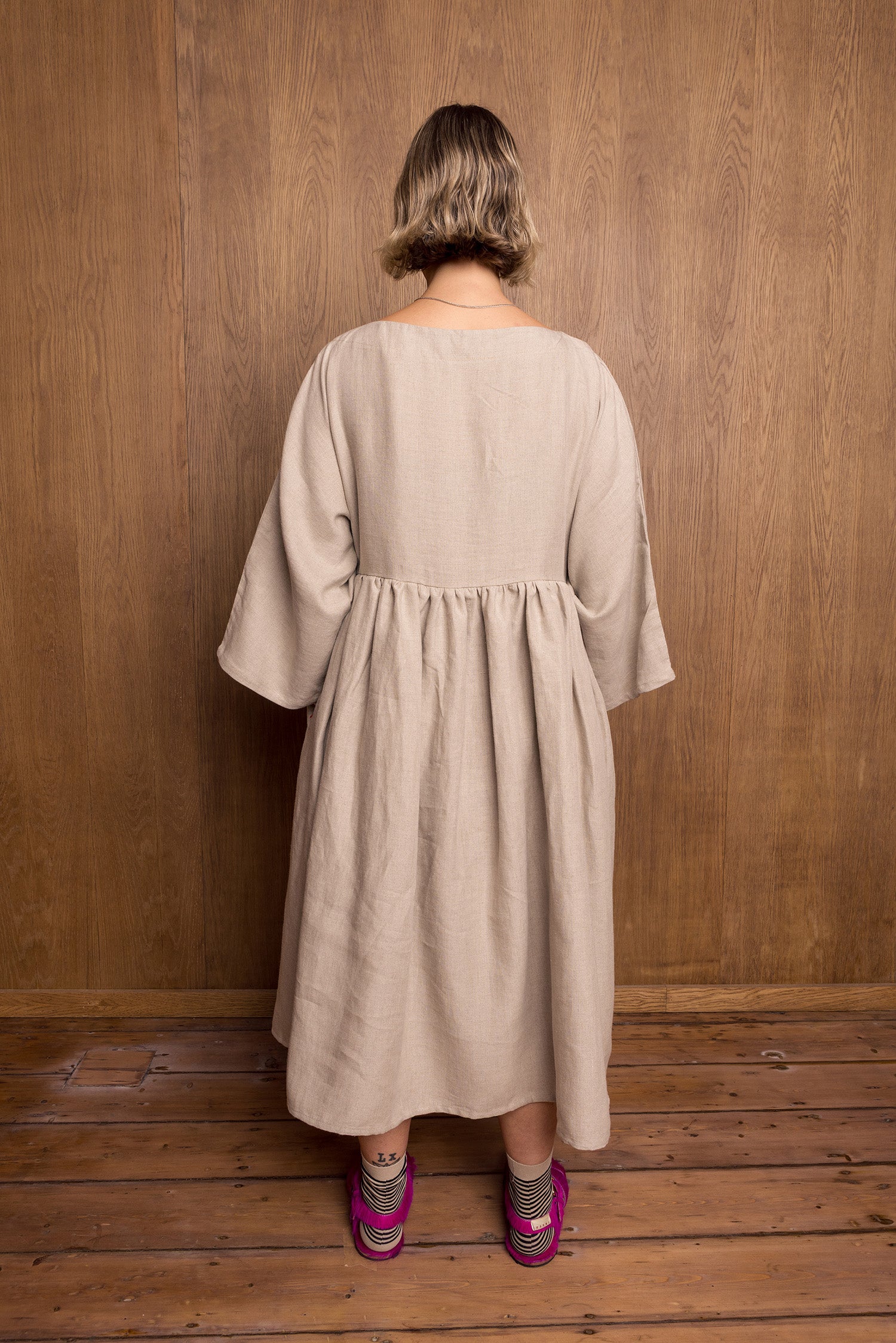 Painted Kozo Dress in Stone Linen