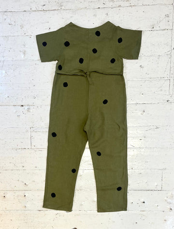 Hand Painted Khaki Linen Jumpsuit in XS-M