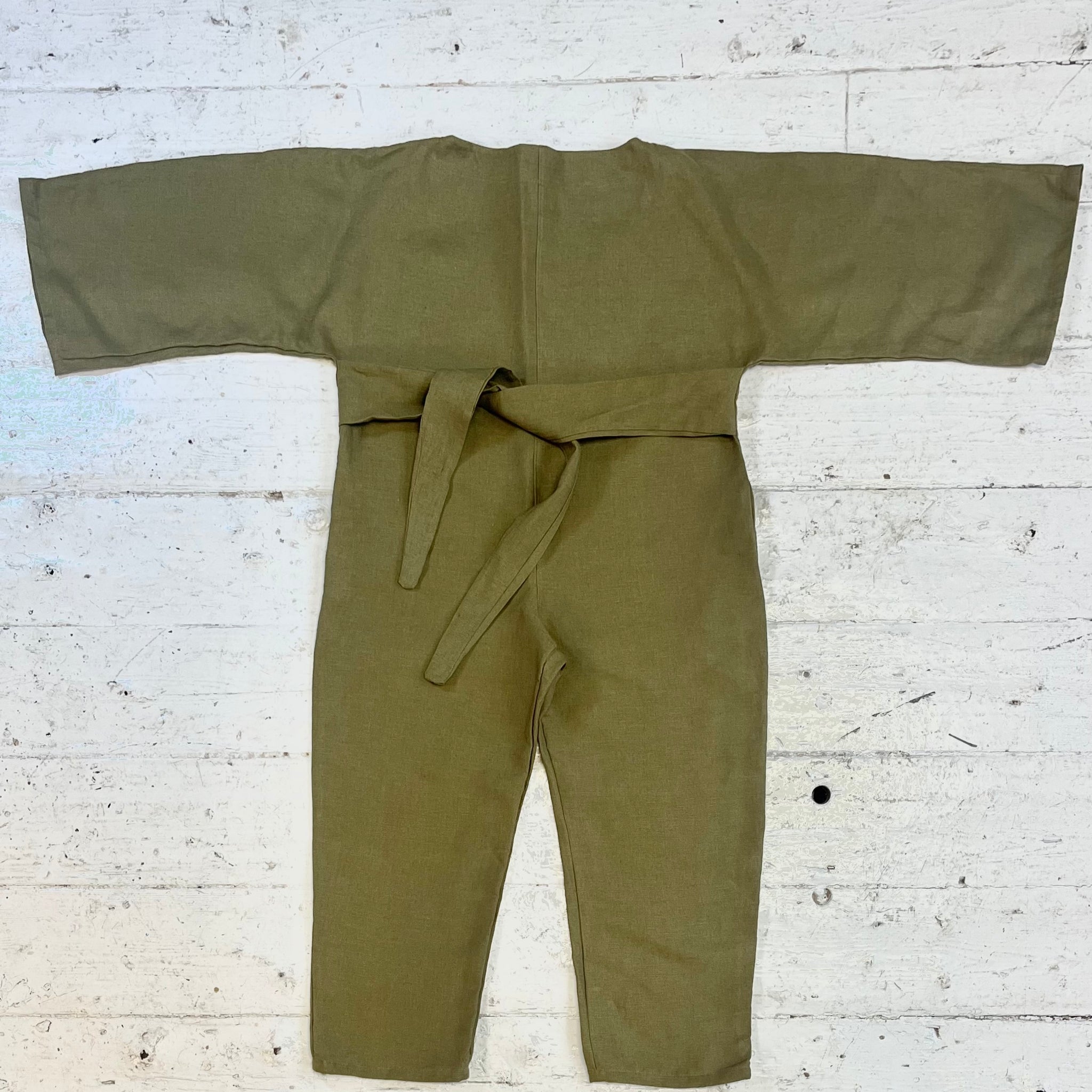 Khaki Linen Jumpsuit with Heavy Wrap in XS-M (Short)