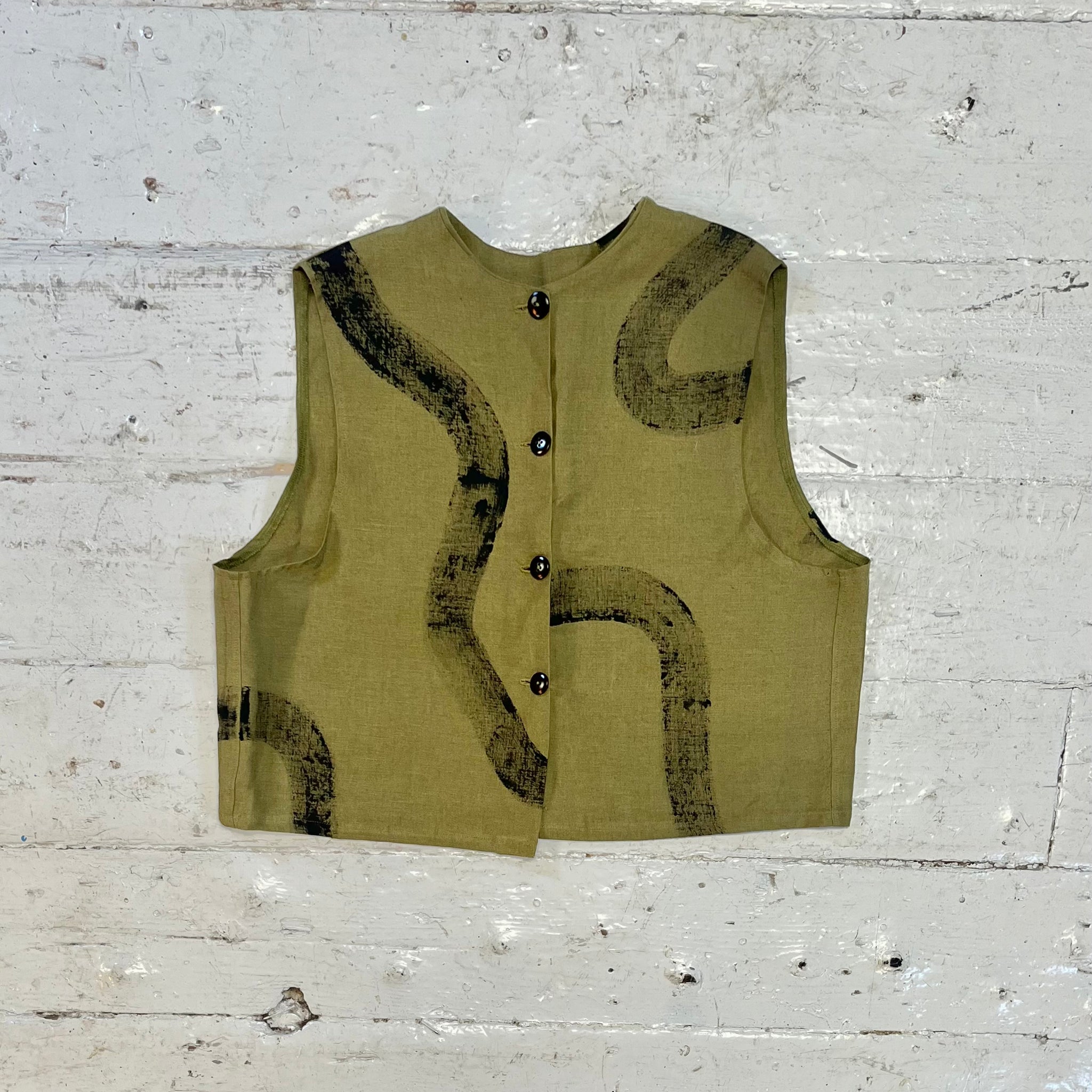 Painted Khaki Linen Waistcoat in M-XL